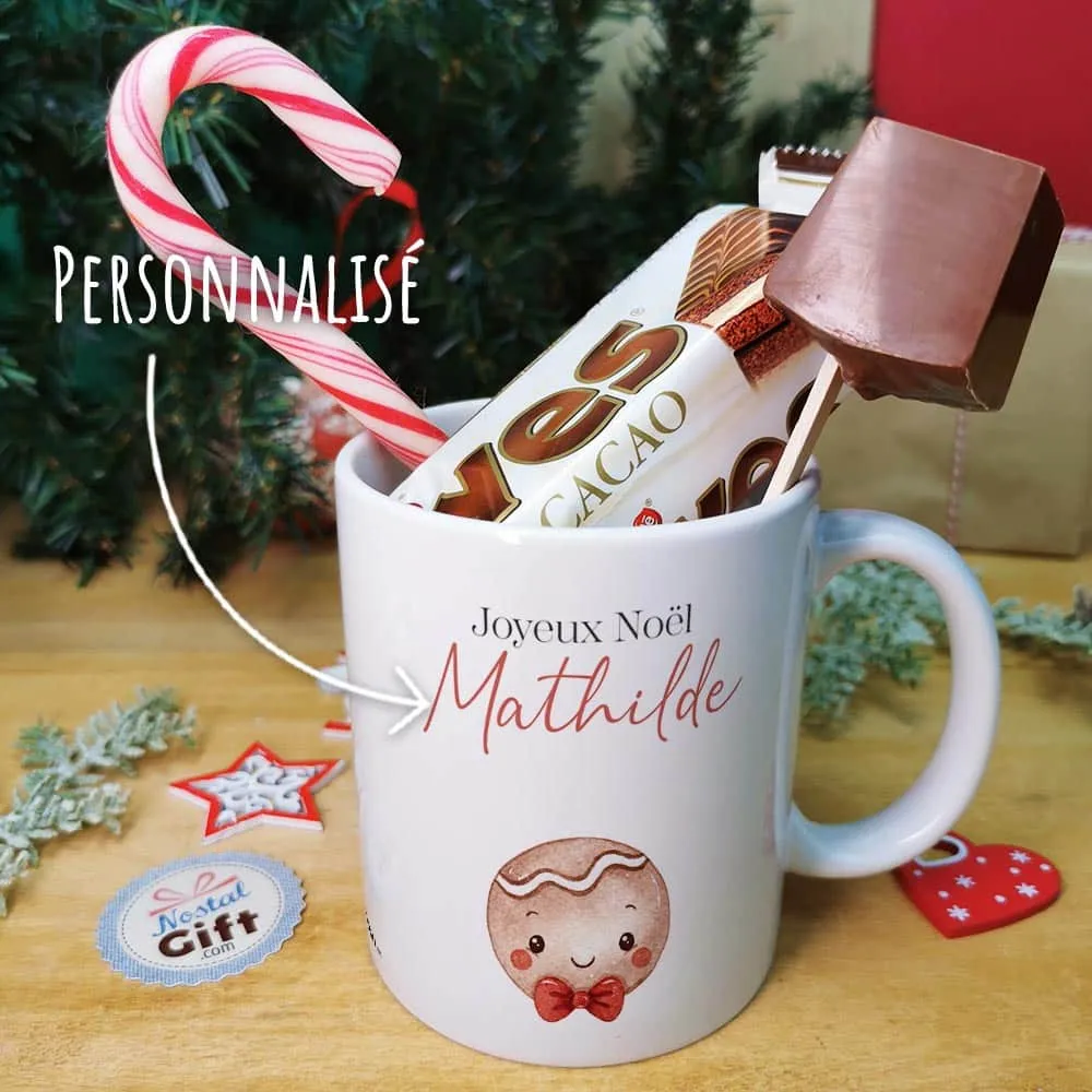 Mug "Joyeux Noël" personnalisé et ses confiseries rétro - Pain d'épice - Cadeau Noël